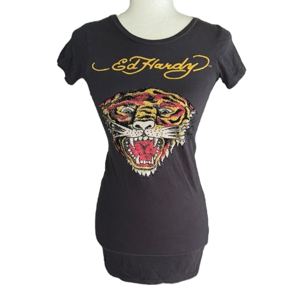 Ed Hardy Vintage Y2K Gray Bling Rhinestone Tiger Graphic Print Long Tee - XS